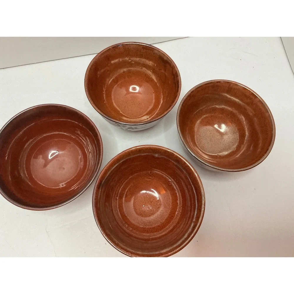 Unbranded Set of 4 Ceramic Bowls Cherry Blossom Sakura Brown Stoneware 4.5